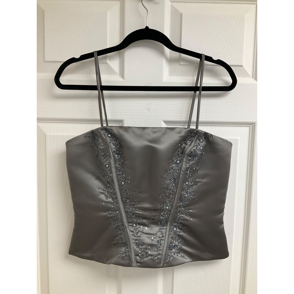 New Image Two-Piece Gray Corset Sweep Train Silk Womens Sz 10 Formal Dress Prom - Picture 3 of 16